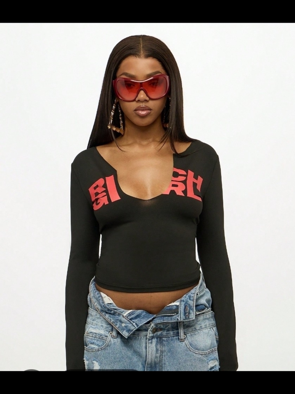 NWT SUMWON 4X Black Long Sleeve "RICH GIRL" Graphic Top | Sculpting V-Neck